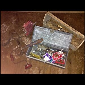 Two Antique Rustic Wood Carpenters
Metal Tool Boxes & Tools